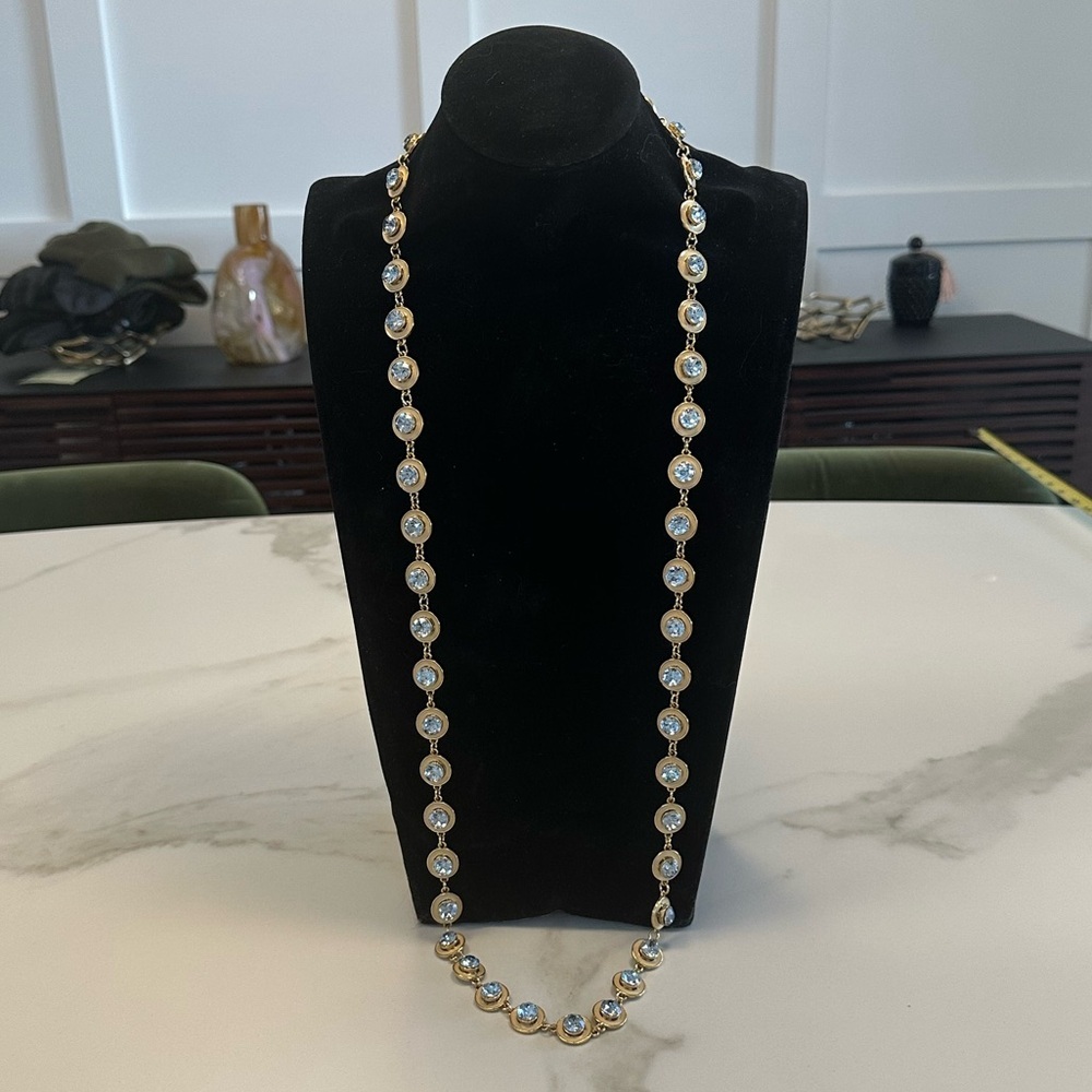 TOVA - Long Bezel Light Sapphire Crystal, Cream Enamel Gold-Tone Plated Necklace